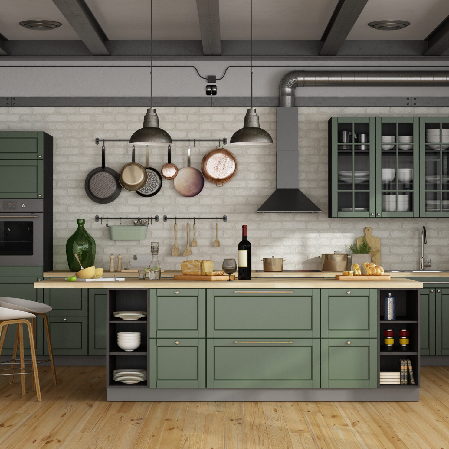 Vintage green kitchen with island in a loft - 3d rendering